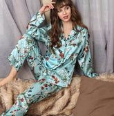 Flower Print Silk Pyjamas Set Mulberry Two Piece Long Silk Nightwear