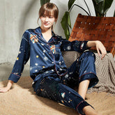 Womens 100% Silk Pajamas Set Galaxy Print silk Sleepwear