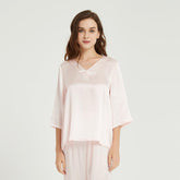 Fashion Simplicity 100% Silk Short Sleeves Pajamas Set 22 Momme Silk Sleepwear Pullover & Long pants - avasilk