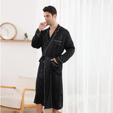 100% Mulberry Silk Robe For Mens Classic Long Sleeves Silk Bathrobe Sleepwear With White Piping - avasilk