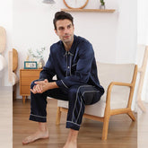 Mens Luxury Silk Pajamas Set Long Sleeves With White Piping Silk Nightwear Sleepwear - avasilk