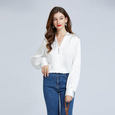 22Momme Elegant Womens Silk Blouse Crystal Buckle Silk Shirts Long Sleeves V-Neck Silk Top - avasilk