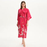 100% Pure Silk Kimono Robe For Women Long Sleeves Silk Robe White crane prints Bathrobe - avasilk