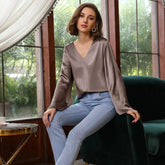 2022 Elegant Womens 100% Mulberry Silk Blouse 100% Mulberry Silk Top Long Sleeves Silk Shirt - avasilk