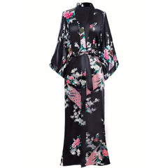 100% Mulberry Womens Silk Kimono Robe Peacock Long Silk Robe