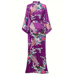 100% Mulberry Womens Silk Kimono Robe Peacock Long Silk Robe