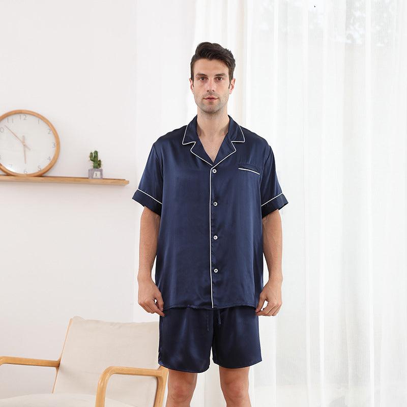 22 Momme Short Silk Pyjamas Set For Men 100% Pure Silk Sleepwear For Summer  - XS / Navy blue
