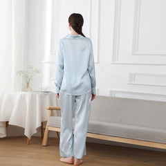 Womens 100% Pure Silk Pyjamas Set Long Sleeves Solid Color Silk Sleepwear - avasilk