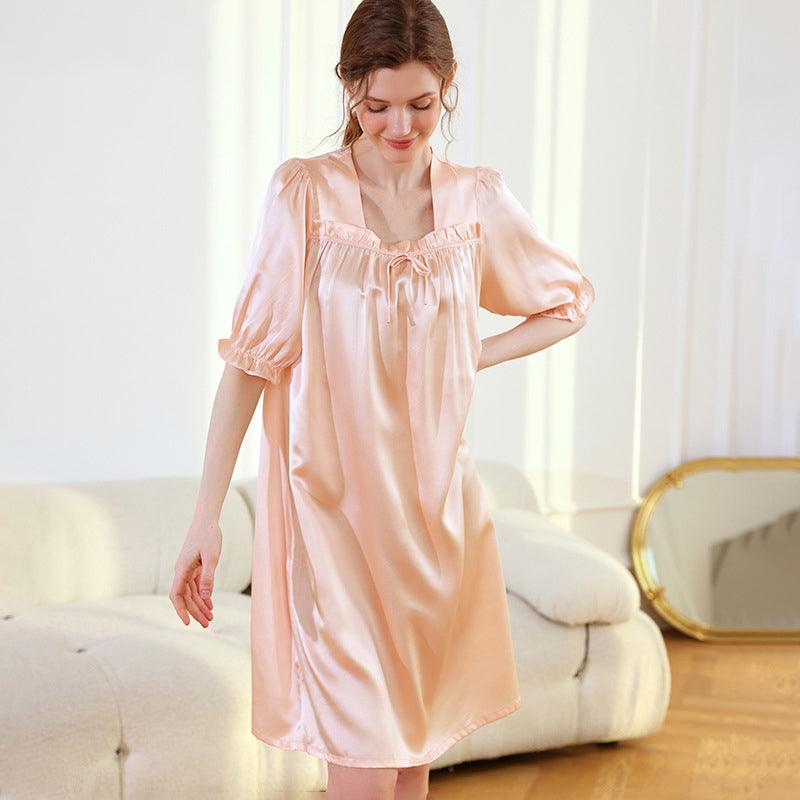 Womens Short Sleeves Silk Nightgown 19Momme Elegant Pleated edge Silk  Sleepwear - XS / Apricot