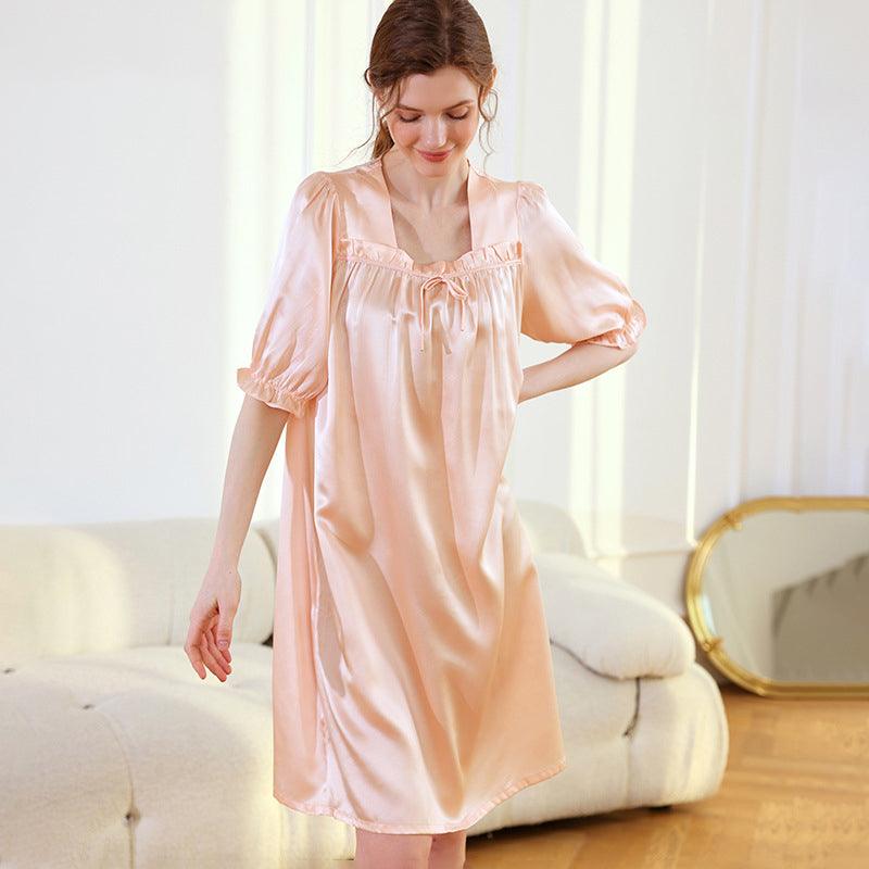 Womens Short Sleeves Silk Nightgown 19Momme Elegant Pleated Edge Silk womens-short-sleeves-silk-nightgown-19momme-elegant-pleated-edge-silk