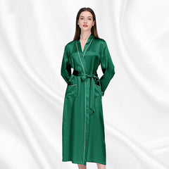Luxury Classic Womens Silk Robe Full Longth Silk Sleepwear Bathrobe With Contrast piping - avasilk