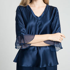 Spring new Silk Pajamas Set 22 Momme Silk Sleepwear Pullover & Long pants Set - avasilk