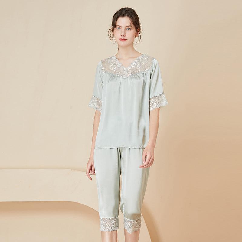 Ladies Elegant Silk Pajamas Set Sexy Lace Short Sleeves Silk Sleepwear - avasilk