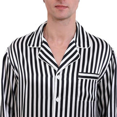 Classic Black And White Stripes Silk Pajamas Set For Men Long Sleeves 100% Mulberry Silk Nightwear Sleepwear - avasilk