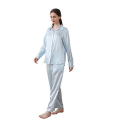 Womens 100% Pure Silk Pyjamas Set Long Sleeves Solid Color Silk Sleepwear - avasilk