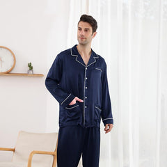 Long Sleeves Classic Silk Pyjamas Set For Men 100% Mulberry Silk Nightwear Sleepwear - avasilk