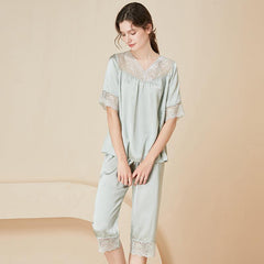 Ladies Elegant Silk Pajamas Set Sexy Lace Short Sleeves Silk Sleepwear - avasilk