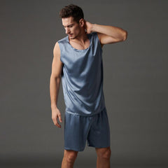 22 Momme Haze Blue Silk Tank & Shorts Set For Men 100% Pure Silk Sleepwear For Summer - avasilk