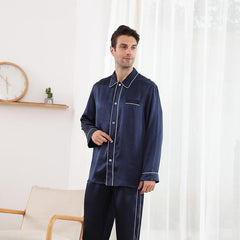 Mens Luxury Silk Pajamas Set Long Sleeves With White Piping Silk Nightwear Sleepwear - avasilk