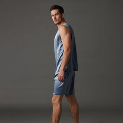 22 Momme Haze Blue Silk Tank & Shorts Set For Men 100% Pure Silk Sleepwear For Summer - avasilk