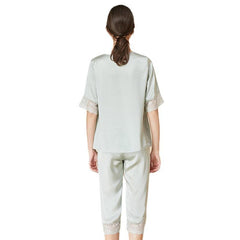 Ladies Elegant Silk Pajamas Set Sexy Lace Short Sleeves Silk Sleepwear - avasilk