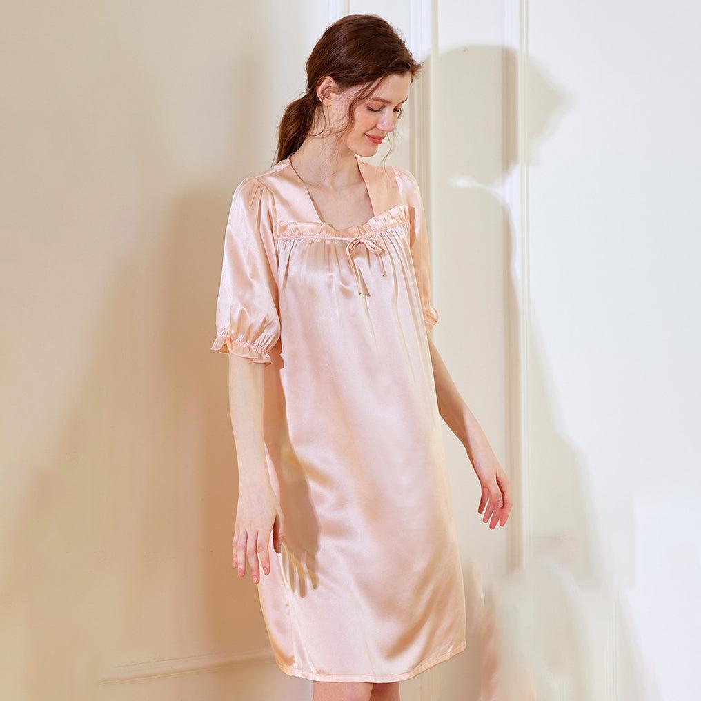 Womens Short Sleeves Silk Nightgown 19Momme Elegant Pleated edge