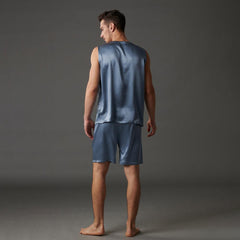 22 Momme Haze Blue Silk Tank & Shorts Set For Men 100% Pure Silk Sleepwear For Summer - avasilk