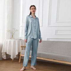Womens 100% Pure Silk Pyjamas Set Long Sleeves Solid Color Silk Sleepwear - avasilk