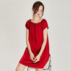 Comfortable and Simple Womens Silk Nightgown 100% Mulberry Silk Short Sleeves Sleepwear Round Pleated Collar Nightdress - avasilk