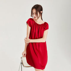 Comfortable and Simple Womens Silk Nightgown 100% Mulberry Silk Short Sleeves Sleepwear Round Pleated Collar Nightdress - avasilk