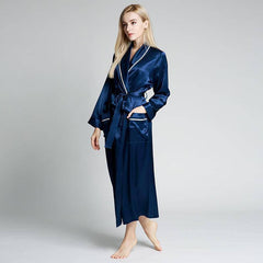 Classic Contrast Piping Silk Robe For Women 22 Momme Silk Bathrobe Silk Nightwear - avasilk
