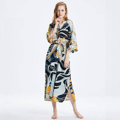 100% Mulberry Silk Kimono Robe Grey Elegant Long Silk Robe - avasilk
