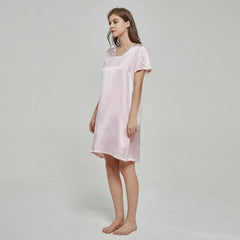 Simple Leisure Womens Silk Nightgown 100% Mulberry Silk Short Sleeves Night Dress Sleepwear - avasilk