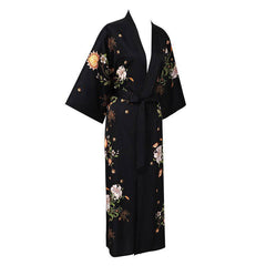 100% Mulberry Silk Kimono Robe Floral Printed Long Silk Robe - avasilk