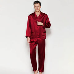 Mens Long Sleeves Silk Pyjamas Set 100% Mulberry Silk Two Piece Solid Nightwear Sleepwear - avasilk