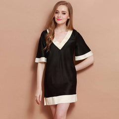 22MM Classic V Neck Women Silk Nightgown 100% Silk Short Sleeves Sleep Dress Sleepwear - avasilk