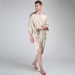 Luxury Pure Color Silk Robe For Men Long Sleeves Silk Bathrobe Silk Nightwear - avasilk