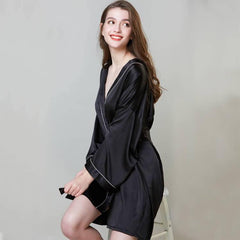 Luxury Sexy Womens Silk Robe 100% Mulberry Silk Bathrobe Silk Nightwear With White Piping - avasilk