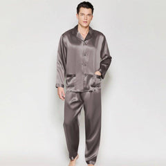 Mens Long Sleeves Silk Pyjamas Set 100% Mulberry Silk Two Piece Solid Nightwear Sleepwear - avasilk