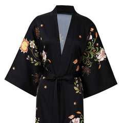 100% Mulberry Silk Kimono Robe Floral Printed Long Silk Robe - avasilk