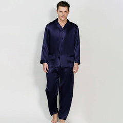 Mens Long Sleeves Silk Pyjamas Set 100% Mulberry Silk Two Piece Solid Nightwear Sleepwear - avasilk