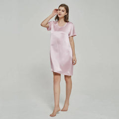 Simple Leisure Womens Silk Nightgown 100% Mulberry Silk Short Sleeves Night Dress Sleepwear - avasilk
