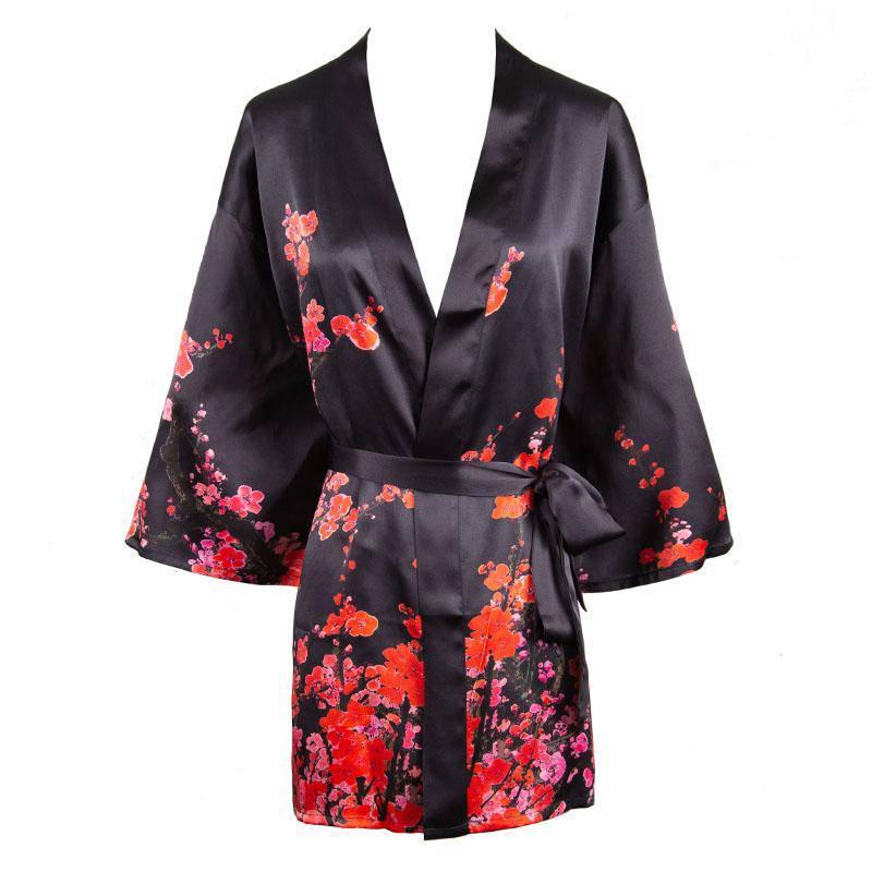 100 Mulberry Silk Kimono Robe Plum Blossom Printing Short Silk Robe avasilk