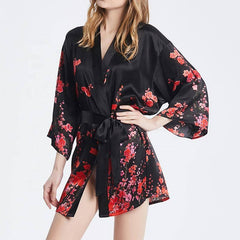 100% Mulberry Silk Kimono Robe Plum Blossom Printing Short Silk Robe - avasilk