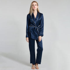 22MM Classic Silk Robe And Pyjamas Set Long Sleeves Pure Mulberry Silk Sleepwear For Women - avasilk