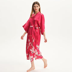 100% Pure Silk Kimono Robe For Women Long Sleeves Silk Robe White crane prints Bathrobe - avasilk