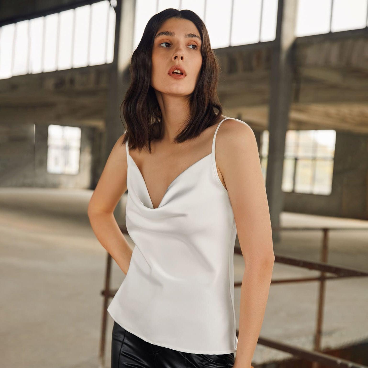 Sexy Swing Collar Silk Camisole 22 MM Silk Tank Top Sleeveless Silk Vest -  XS / White
