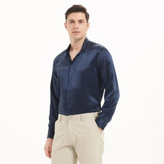 Classic Long Sleeves Silk Shirts For Mens Stand Collar Hidden Button Silk Top - avasilk
