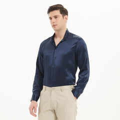 Classic Long Sleeves Silk Shirts For Mens Stand Collar Hidden Button Silk Top - avasilk