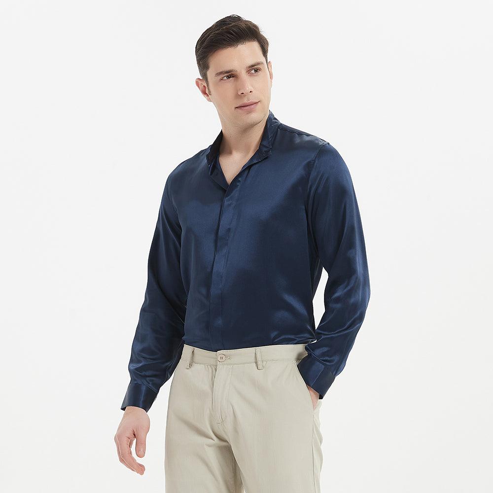 Classic Long Sleeves Silk Shirts For Mens Stand Collar Hidden Button Silk Top - avasilk
